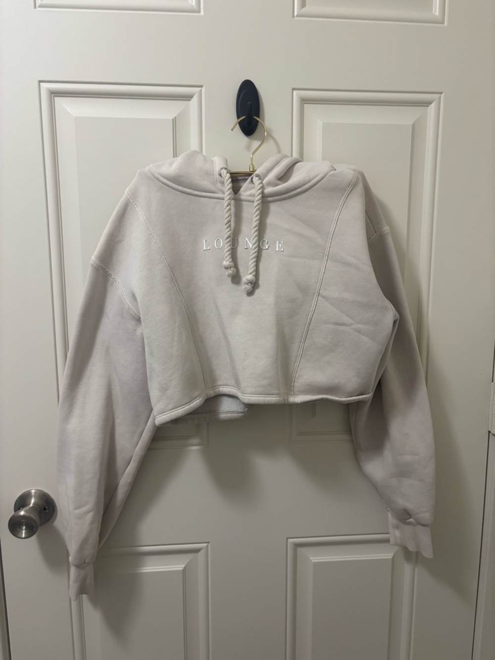 Cropped Cream 'LOUNGE' Hoodie Sweatshirt - Women's Crew/Scoop Neck Sweater